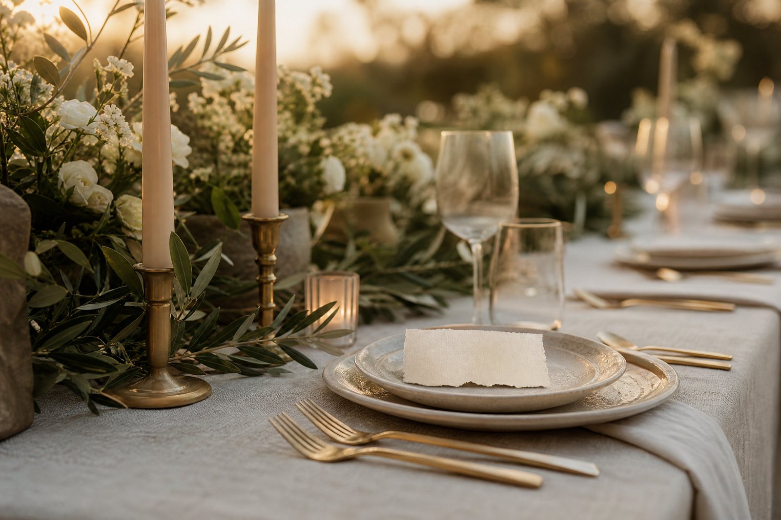 Detalhes de uma celebração com flores e tons de oliveira